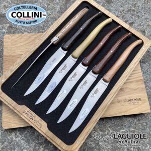 Laguiole en Aubrac - Set mit 6 Steakmessern mit Griffen in 6 verschiedenen Holzarten - Tafelmesser