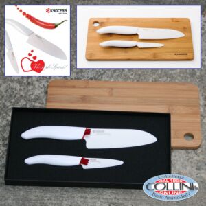 Kyocera - Set mit Santoku Schnipsel FK140WH FK075WH und Bambus-Schneidebrett - weißen Keramik- Messer